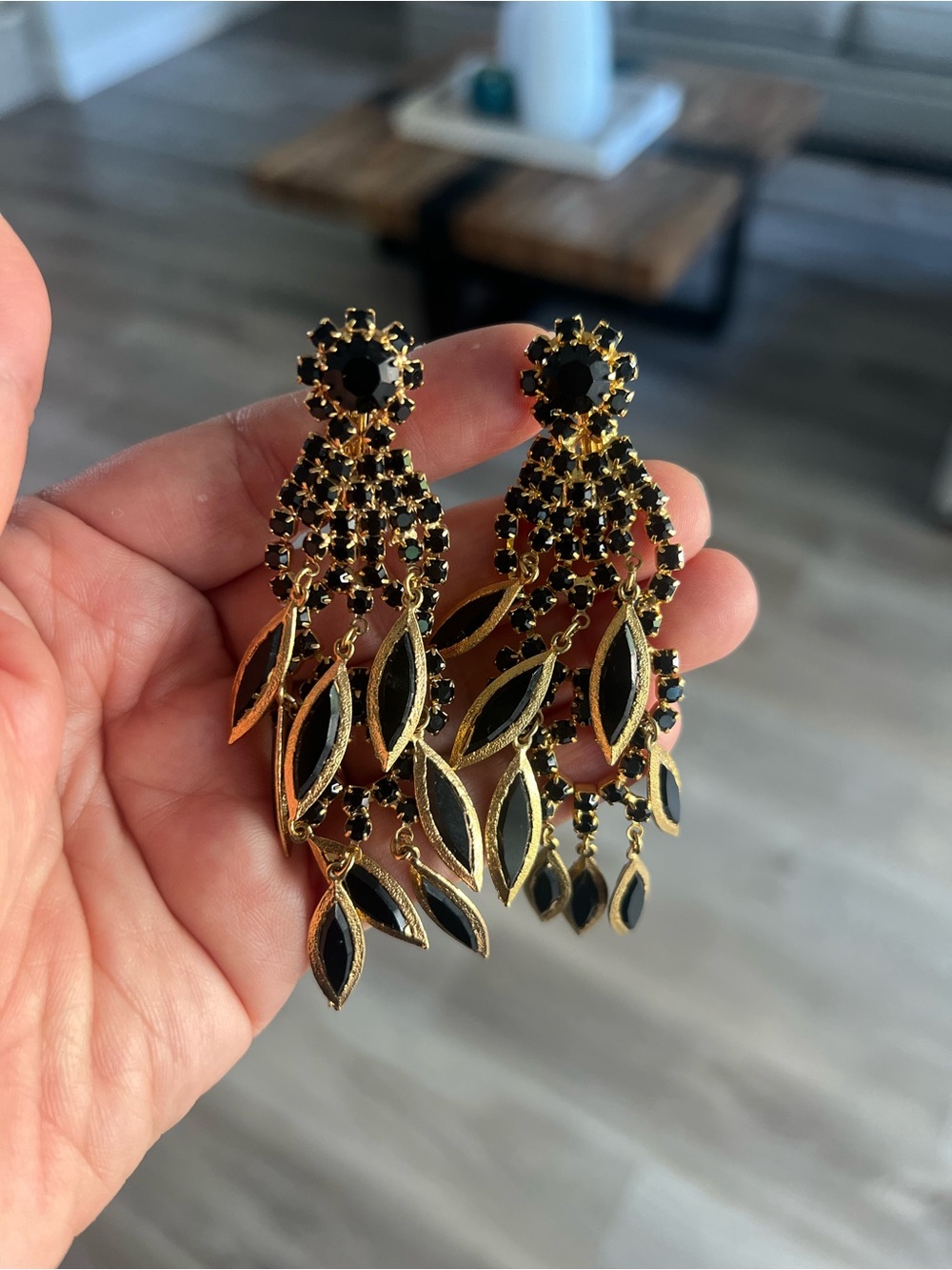 Gold and Black Chandelier Leaf Drop Earrings - Women Jewelry